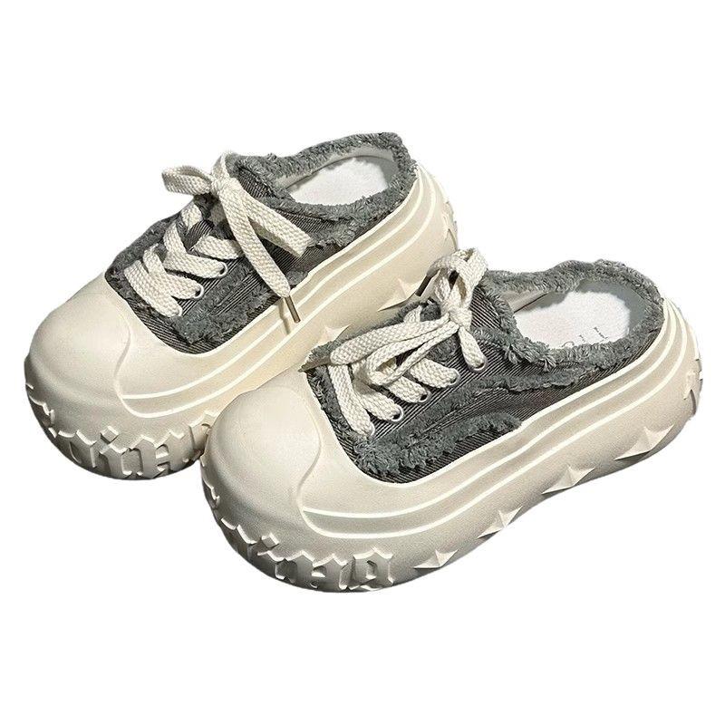 Denim Lace-up Bread Shoes Spring and Summer Muffin Thick-soled Bag Head Half Slippers Women's Height-increasing Casual Sports Shoes Outer Wear