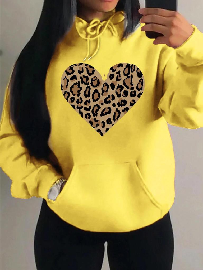 Women's Loose Leopard Heart Print Fleece Hoodie