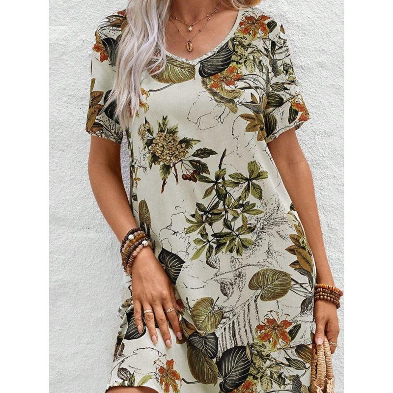 Small Fashion Summer V Neck Fashion Print Elegant Short Sleeve Dress Short Skirt Trendy Women's Dresses
