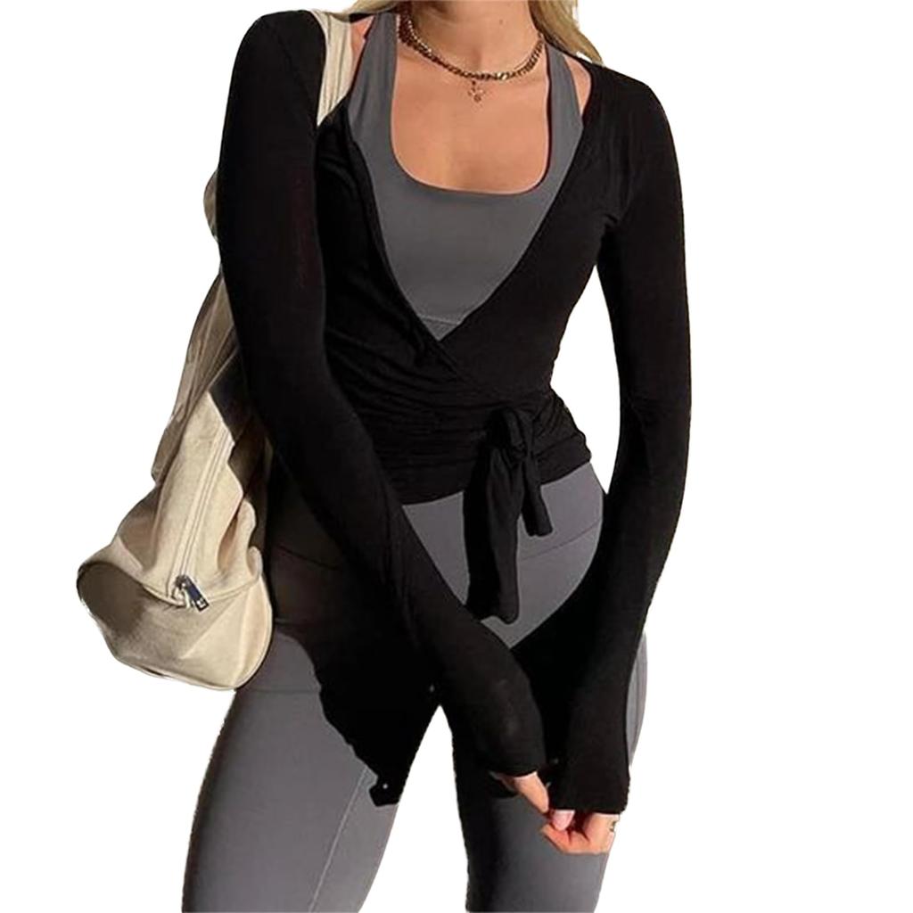 Women’s Long Sleeve Wrap Front Ballet Cardigan with Adjustable Waist Tie and Thumbhole Cuffs for Dance Yoga Layering