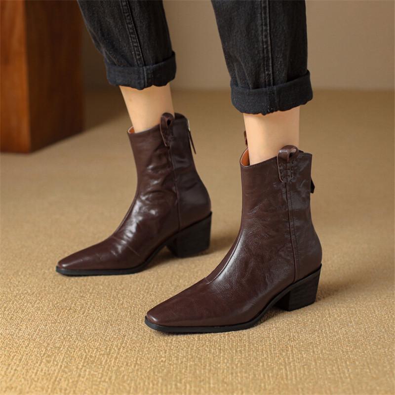 Fashion New Autumn Sheep Leather Women Boots Fashion Square Toe Western Boots for Women Chunky Heel Short Boots Botines Mujer High Heels