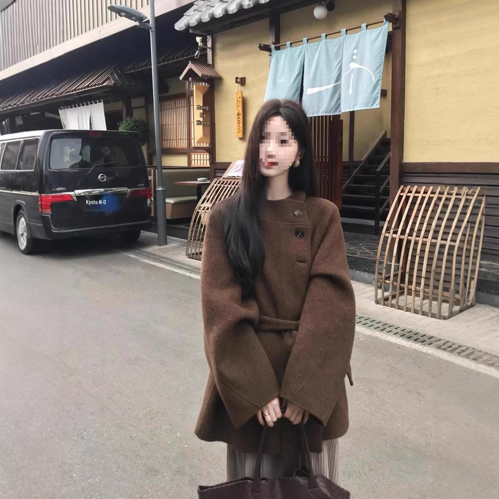 Women's Petite Mocha Brown Wool Coat - Meilade High-End Aesthetic, Thickened for Autumn/Winter 2025