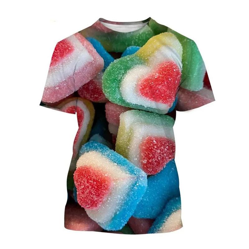 Candy 3D Printed Short Sleeved T-shirt Summer Breathable Polyester Simple Round Neck Top