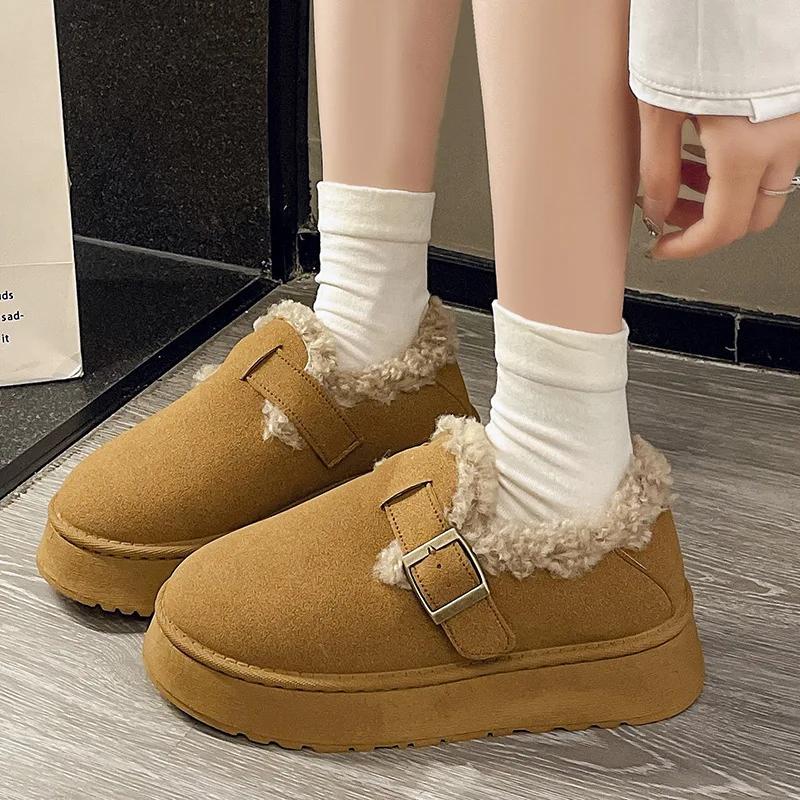Fashion Korean Version of Thick Sole Woolen Shoes Women 2024 Winter New Wear Round Head Warm Plus Cashmere Fashion Casual Cotton Shoes