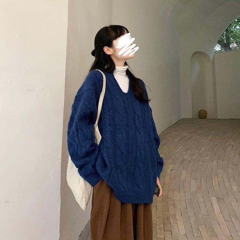 Twist V-Neck Women's Oversized Sweater - New Spring/Summer Korean Style Thick Knit Pullover