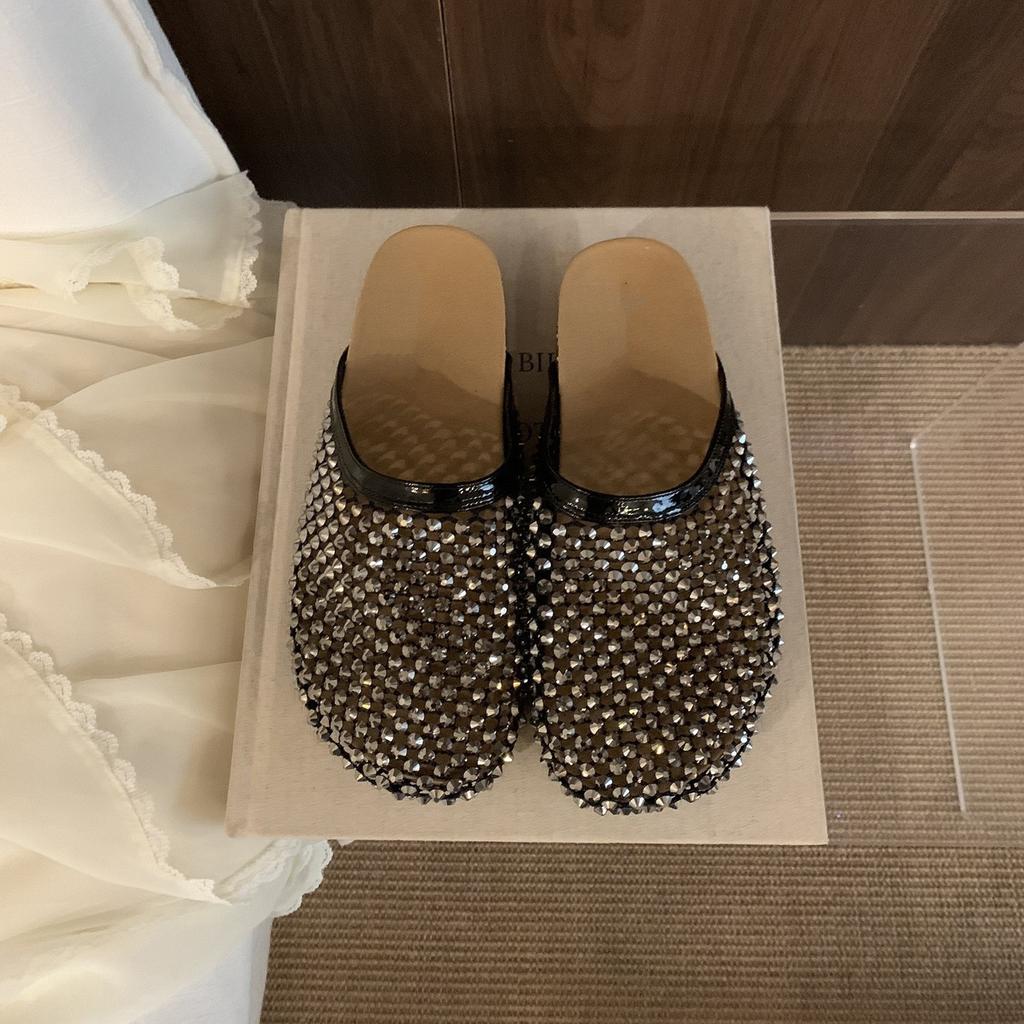 Thick-bottomed Mesh Rhinestone Bag Head Half Slippers Women's 2025 Summer New Outer Wear Lazy One Pedal Beach Cool Slippers