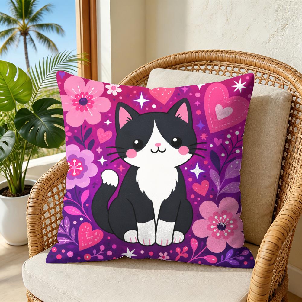 Cute Cartoon Cat Print Cushion Cover Double-Sided Plush Sofa Cushion Covers Organic Breathable Invisible Zipper