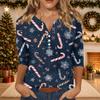 Women's Casual Christmas Print V-Neck T-Shirt with 3/4 Sleeves and Decorative Buttons