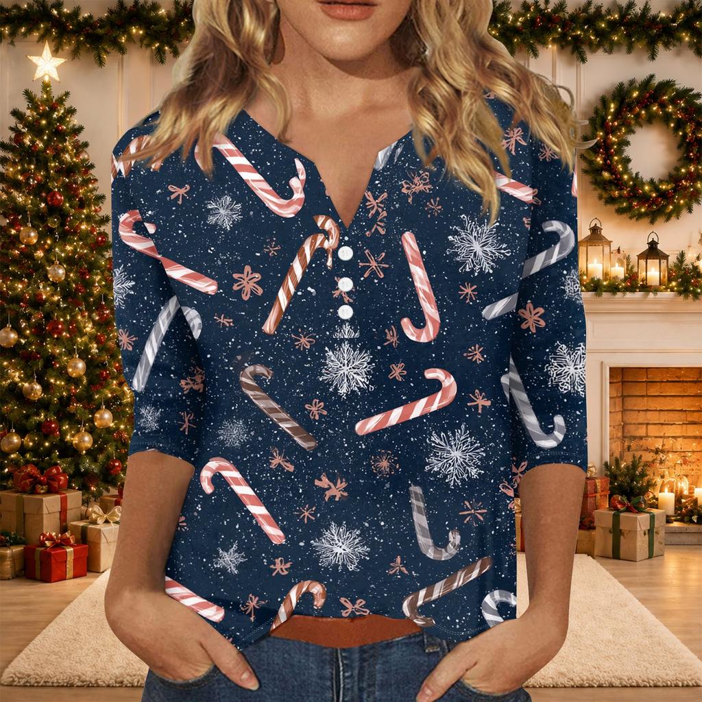Women's Casual Christmas Print V-Neck T-Shirt with 3/4 Sleeves and Decorative Buttons