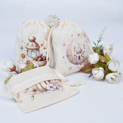 12 Piece/set Reusable Eid Al Fitr Cotton Bags Decorative Festival Candy Storage Bag with Drawstring Holiday Candy Storage Bag