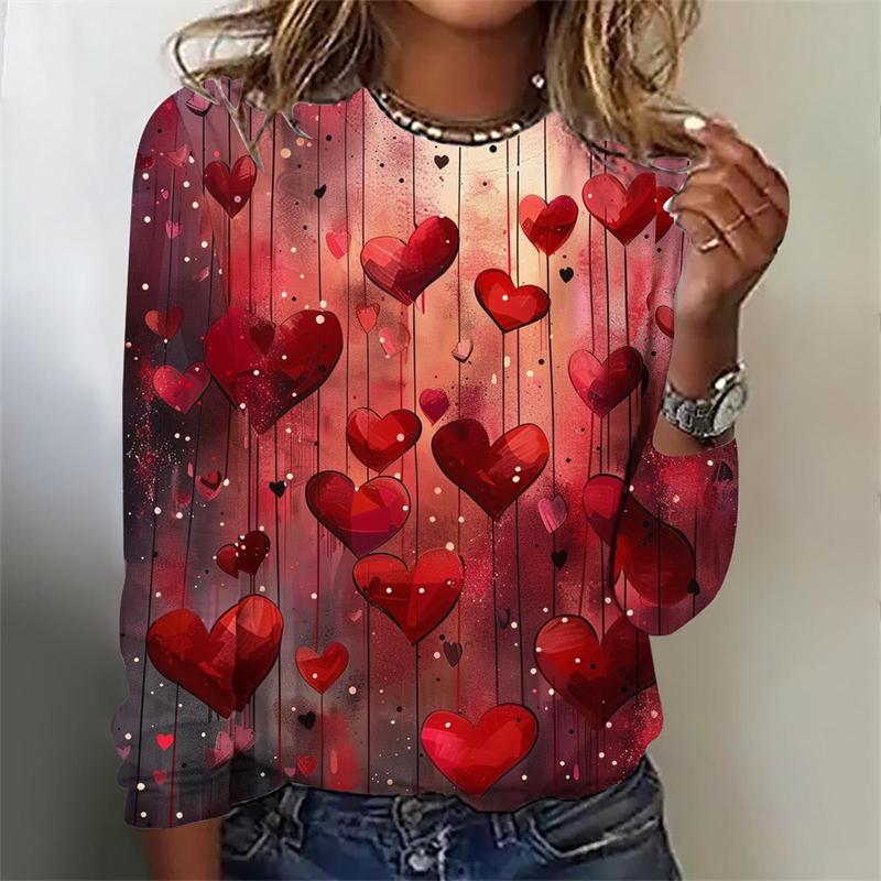 Love Heart Graphic 3D Digital Printed Women's Fashionable and Personalized Round Neck Long Sleeved T-shirt