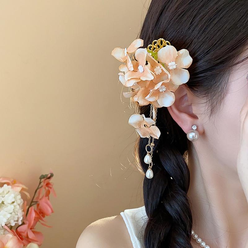 1Pc Fabric Flower Petals Tassel Pearl Hair Clip For Women Girls Spring Summer Sweet Duckbill Clip Headwear Hair Accessories A2