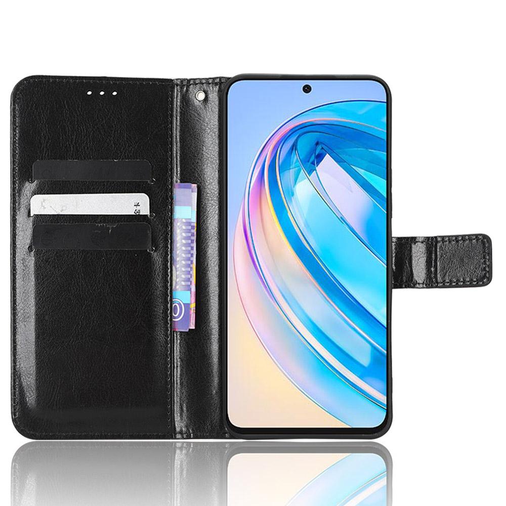 

For Honor X8a 4G PU Leather Phone Case Wallet Crazy Horse Texture Stand Flip Folio Cover Black