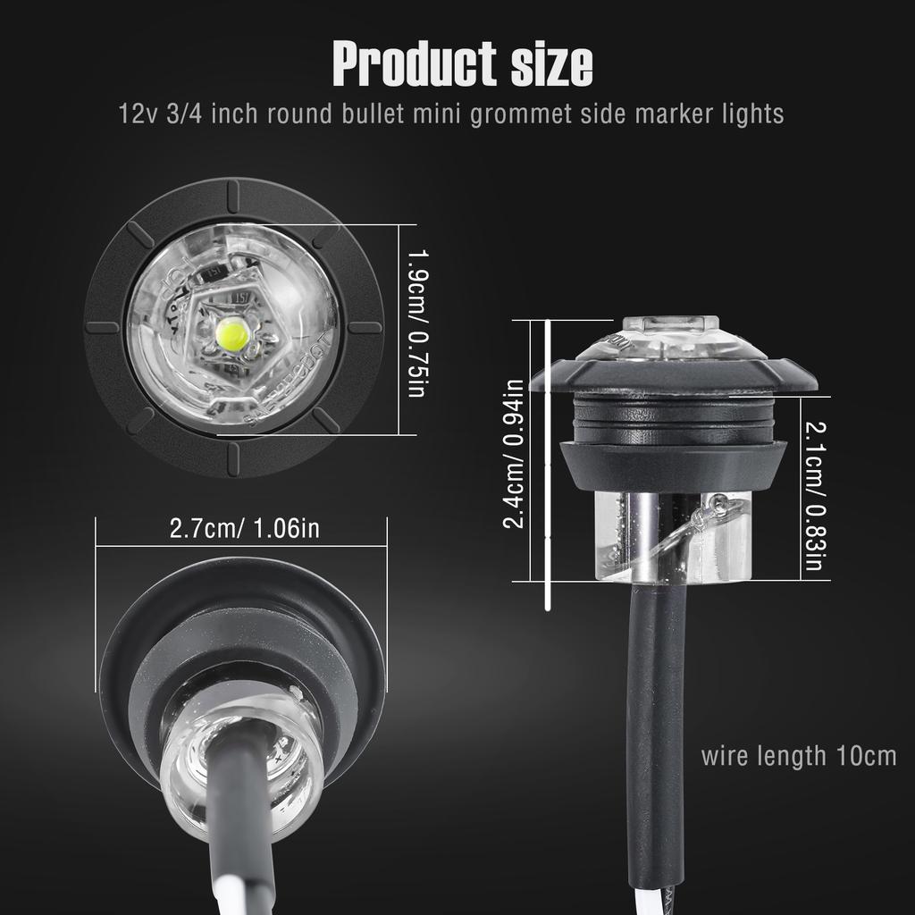 White LED Clearance Bullet Marker Lights 3/4 INCH Button Side LED Marker Light For Trailer Truck Accessories RV Car Bus Van 4pcs