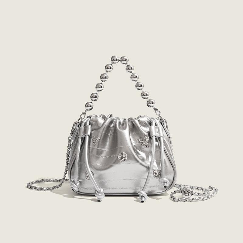 High-end Pleated Drawstring Bucket Bag Chain Women Summer New Fashion Simple Shoulder Bag Trendy Crossbody Women Bag