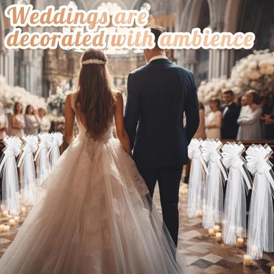 4Pcs White Wedding Pew Bows Tulle Church Aisle Wedding Chair Decorations for Bridal Shower Reception Long Tulle Tail Accents