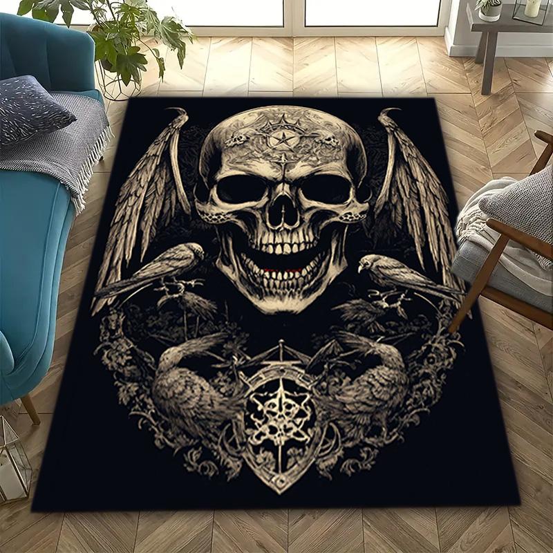 1PC Skull Dark Gothic Pattern Printed Carpet Rug for Living Room Bedroom Home Sofa Decoration,Non-slip Floor Mat Floor Mat