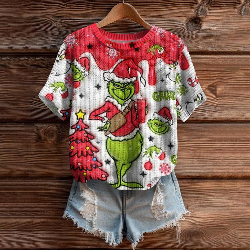 Women's Cute Sweater Knitted Fashion Casual Round-neck Short-sleeved  Cozy Print Top