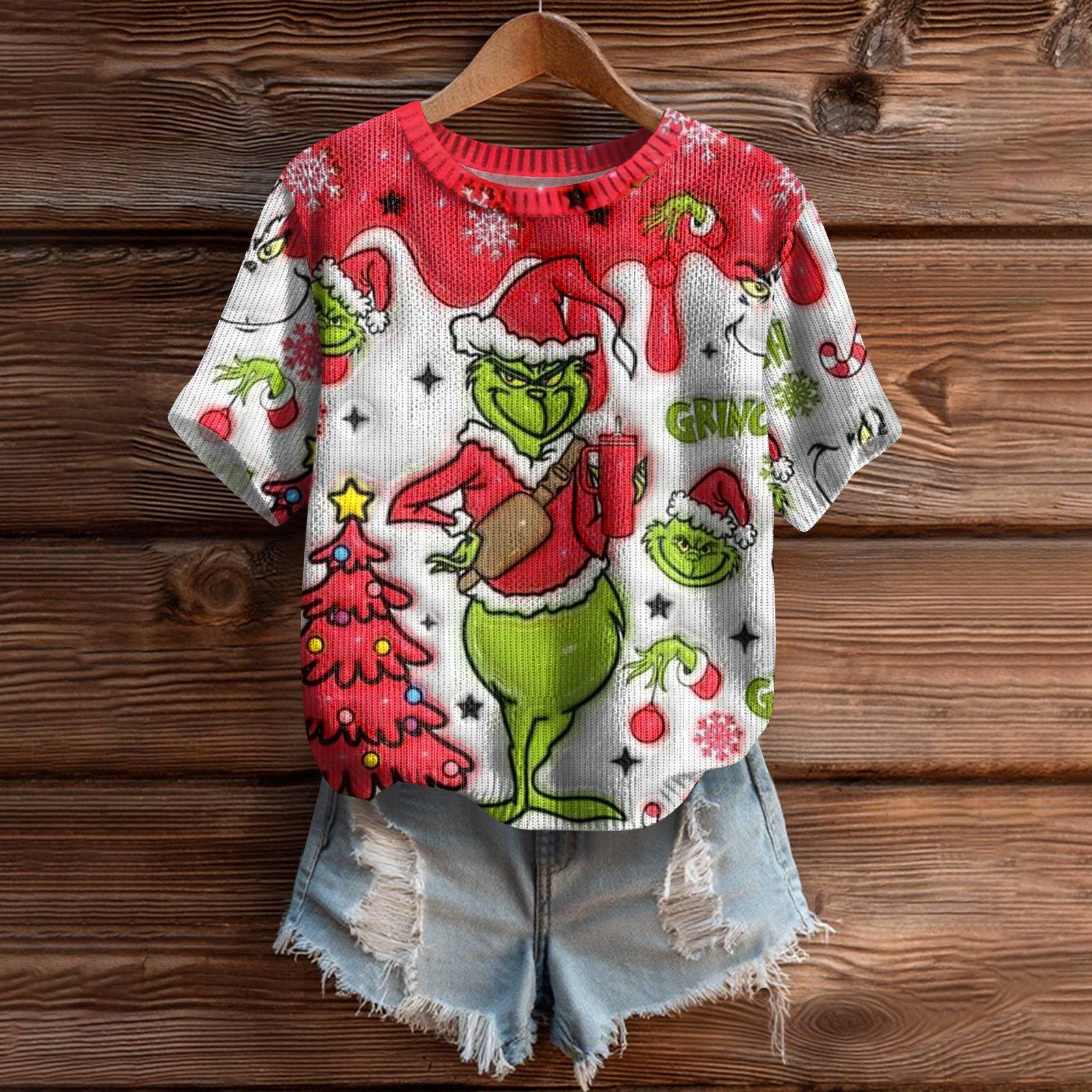 

Женский милый свитер вязаный модный повседневный с круглым вырезом и короткими рукавами уютный топ с принтом M красный