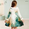 Girls Furry Collar Long Sleeve Bow Decor Printed Dress Dark Green Beige Gold A Line Flared Hem