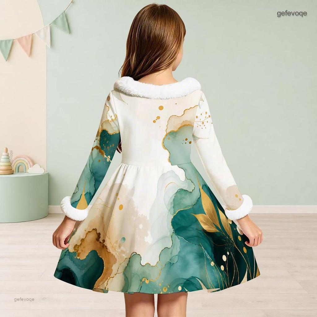 Girls Furry Collar Long Sleeve Bow Decor Printed Dress Dark Green Beige Gold A Line Flared Hem