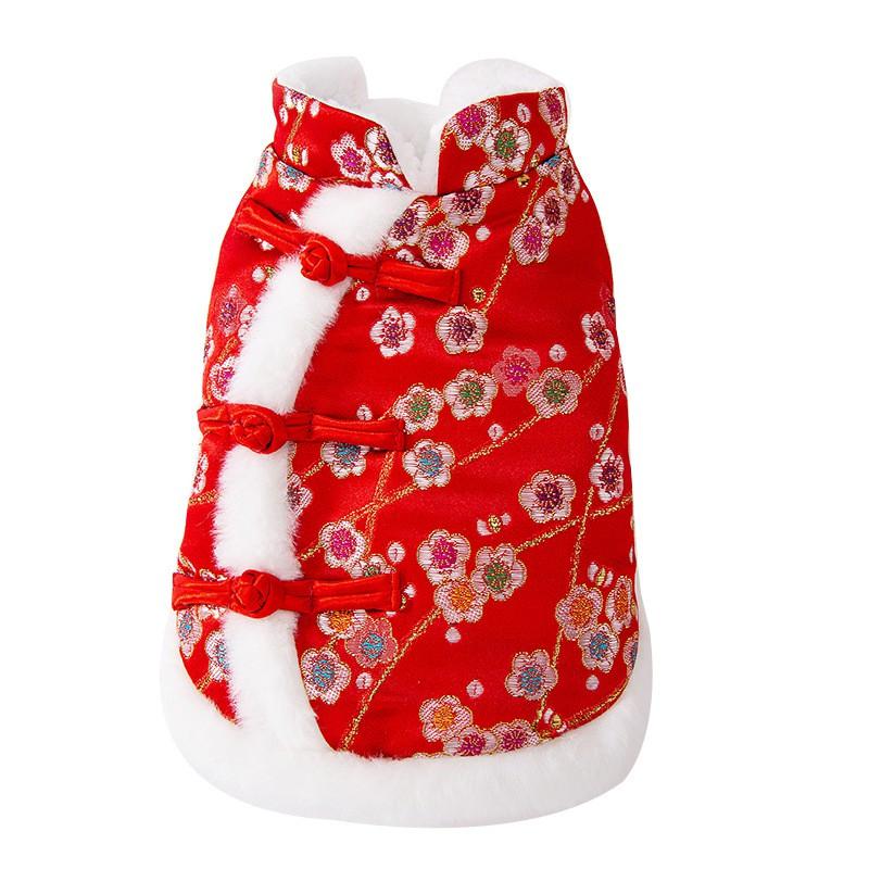 Pet Dog Cat Vest Winter Warm Cotton Outfit Chinese New Festive Style With Gold Foil Embroidery