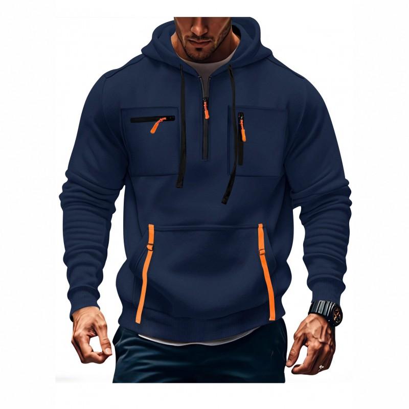 Mens Hooded Sweatshirt With Zippered Pockets Slim Fit Cotton Blend Casual Pullover