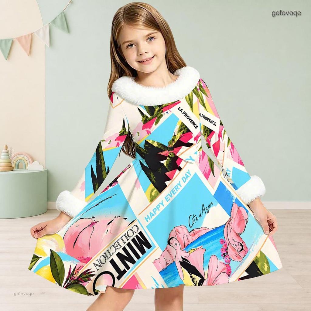 Girls High Neck Long Sleeve Printed White Blue Furry Trim Bow Waist A Line Flared Dress