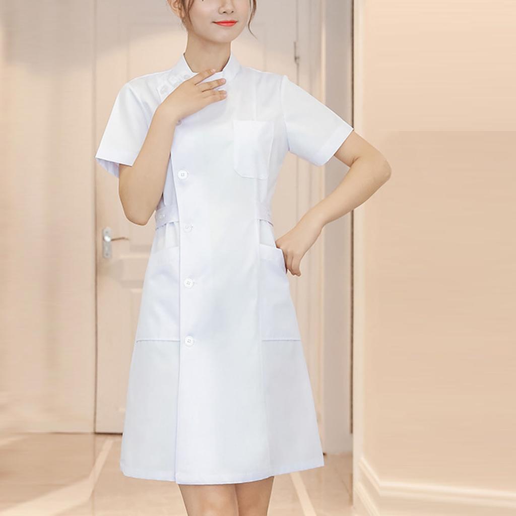 Women's Fashion Bias Lapel Standing Neck Short Sleeve Solid Color Uniform Dresses