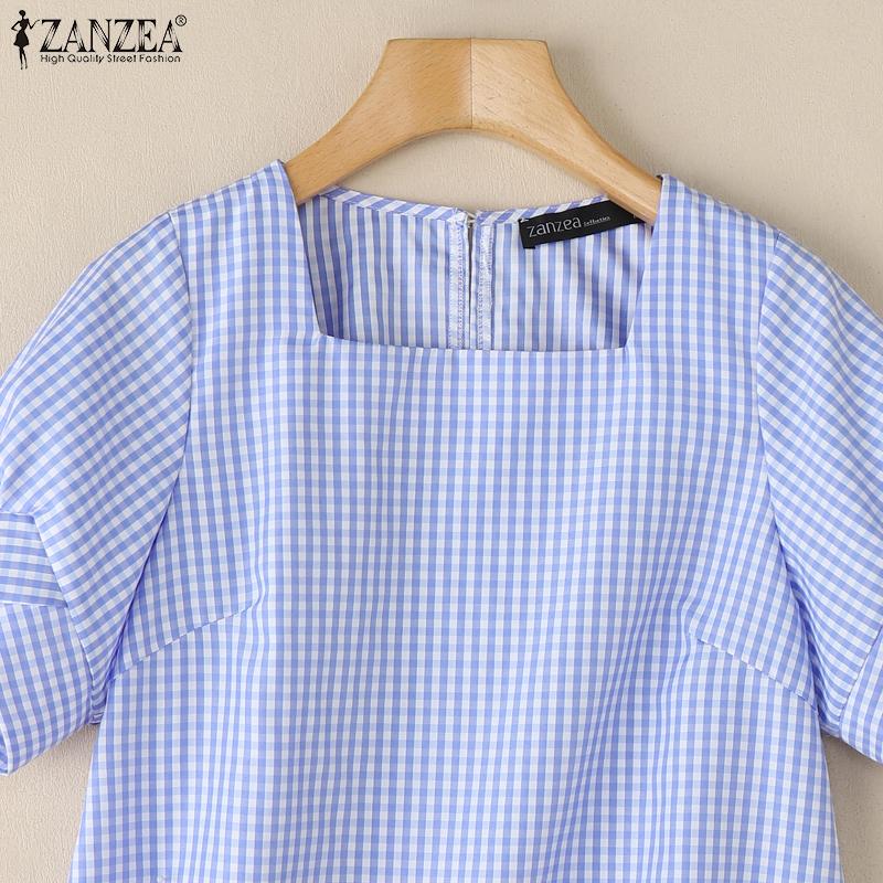 ZANZEA Women Square Collar Short Sleeve Casual Grid Print Blouse