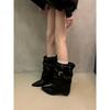 European and American Fashionable Pointed High-heeled Short Boots Belt Buckle Rivet Trouser Tube Boots Thin Stacking Boots