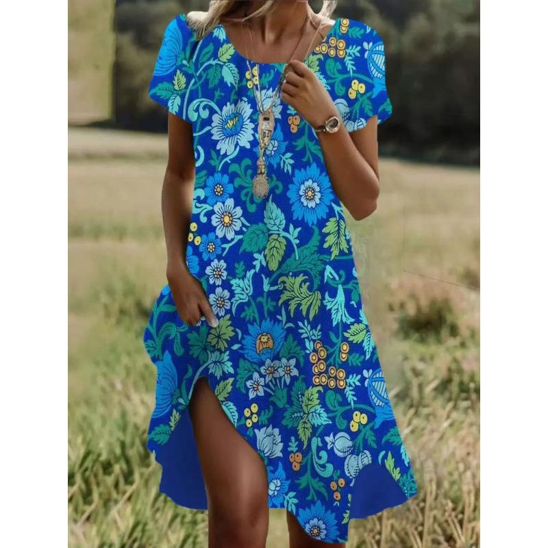 

Summer hot sale literary and ethnic style big round neck medium and long dress 5XL