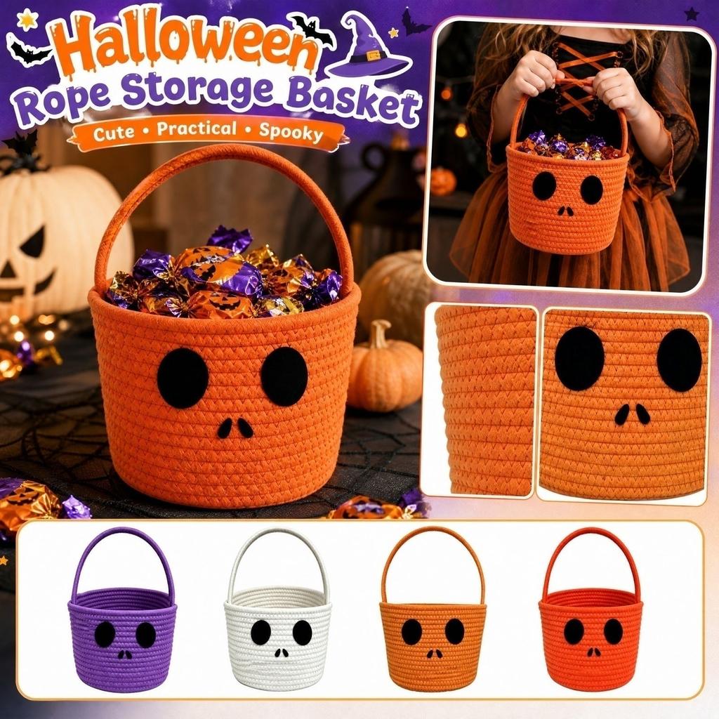 Kids Halloween Cotton Rope Storage Basket Pumpkin Handwoven for Snacks Candy and Decor