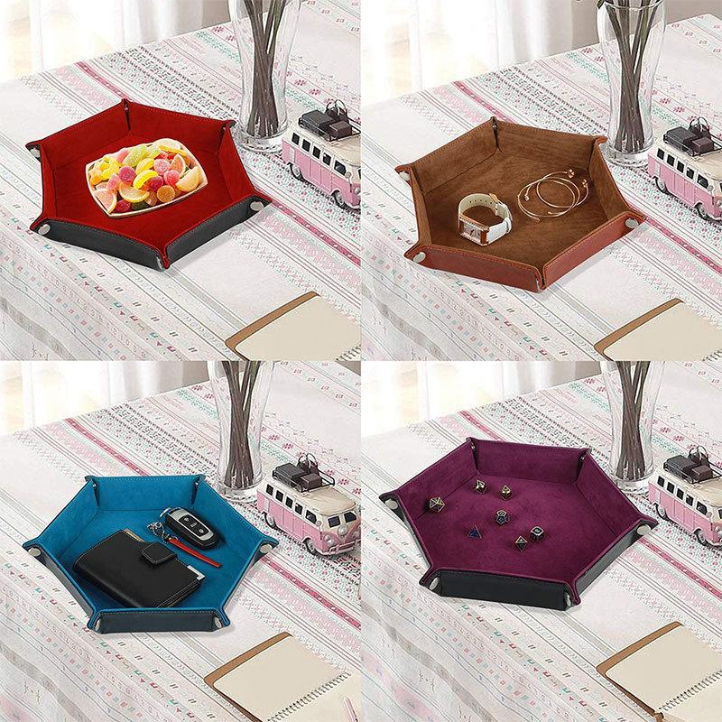 Foldable Portable Hexagonal Tray Box PU Leather Desktop Clutter Storage Box Folding Dice Rolling Tray Set Home Decor
