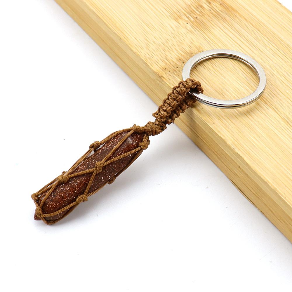 Temu Hand-Woven Mesh Pocket Natural Crystal Hexagonal Prism Pendant Keychain Bag Pendant Keychain K49