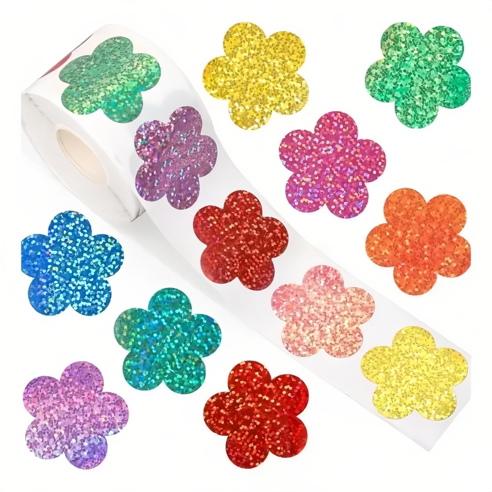 

500pcs/roll Cartoon Red Flower Stickers – Rainbow Holographic Reward Labels for Kindergarten, DIY Toys & Decoration