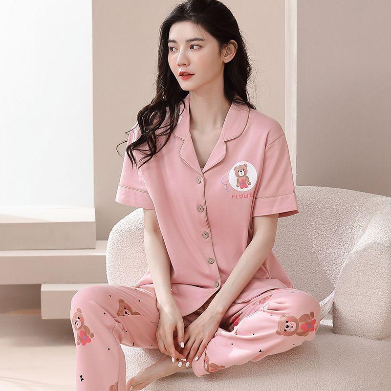 New pajamas women's summer short-sleeved trousers 100% pure cotton thin women's casual lapel mother loungewear set summer