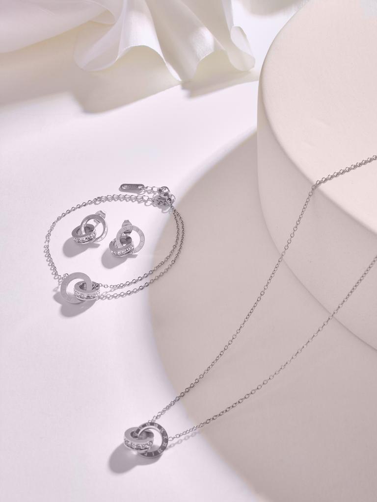 Stainless Steel 18K Gold Plated Interlocking Circles Infinity Style Roman Numbers Collar Necklace Bracelet Earring Jewelry Set
