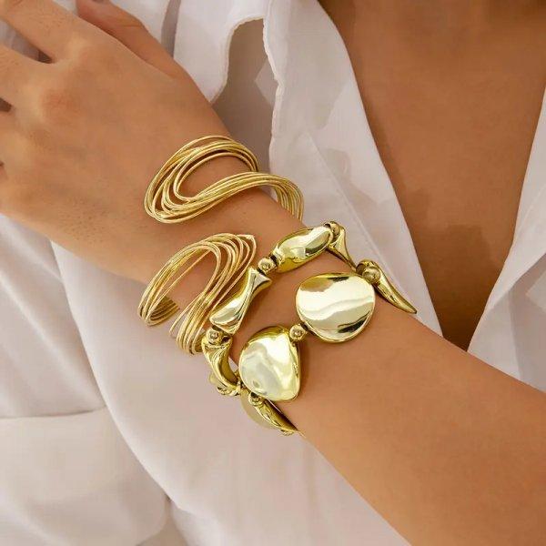 

Geometric Exaggerated Cuff Wide Bangles For Women Vintage Punk Gold Color Beaded Chunky Bracelet Set Hip Hop Party Jewelry Gift