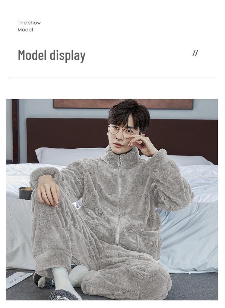 Men's Autumn Winter Flannel Pajamas, Stand Collar, Zipper, Outdoor-Ready Coral Fleece Homewear