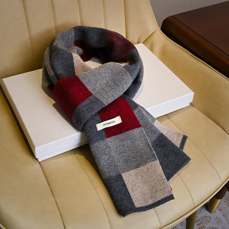 Plaid Scarf Men's Pure Wool Winter Versatile Thickened To Send Elders Knitted Scarf Men's Birthday Gift