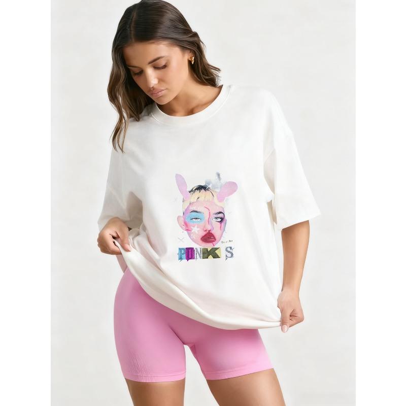 Oversized T Shirt Black Punk Style Graphic Print With Rabbit Ears And Colorful Face Art For Casual Wear