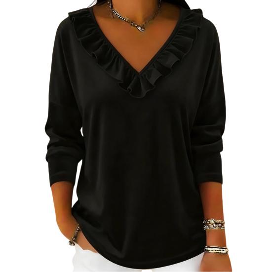 Women Tops V Neck Long Sleeve Ruffle Neckline Pullover Tops Solid Color Loose Fit Velvet Blouse Work Party Date Wear