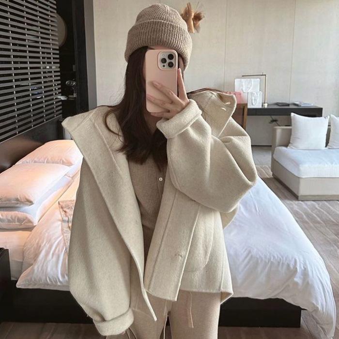 

Hepburn Style Pink Hooded Wool Coat for Women - Mid-Length, Solid Color, Cute Autumn/Winter Wear Small брудно-білий