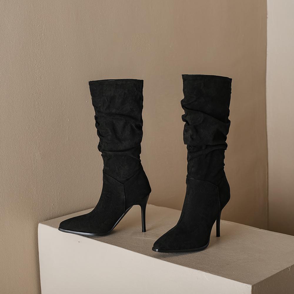 Apricot Black Women Mid Calf Boots High Stiletto Heel Big Size 48