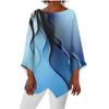 Women's Fashion Retro Print Gradual Colored Round Neck 9/4 Sleeve Irregular Hem T-shirt Top
