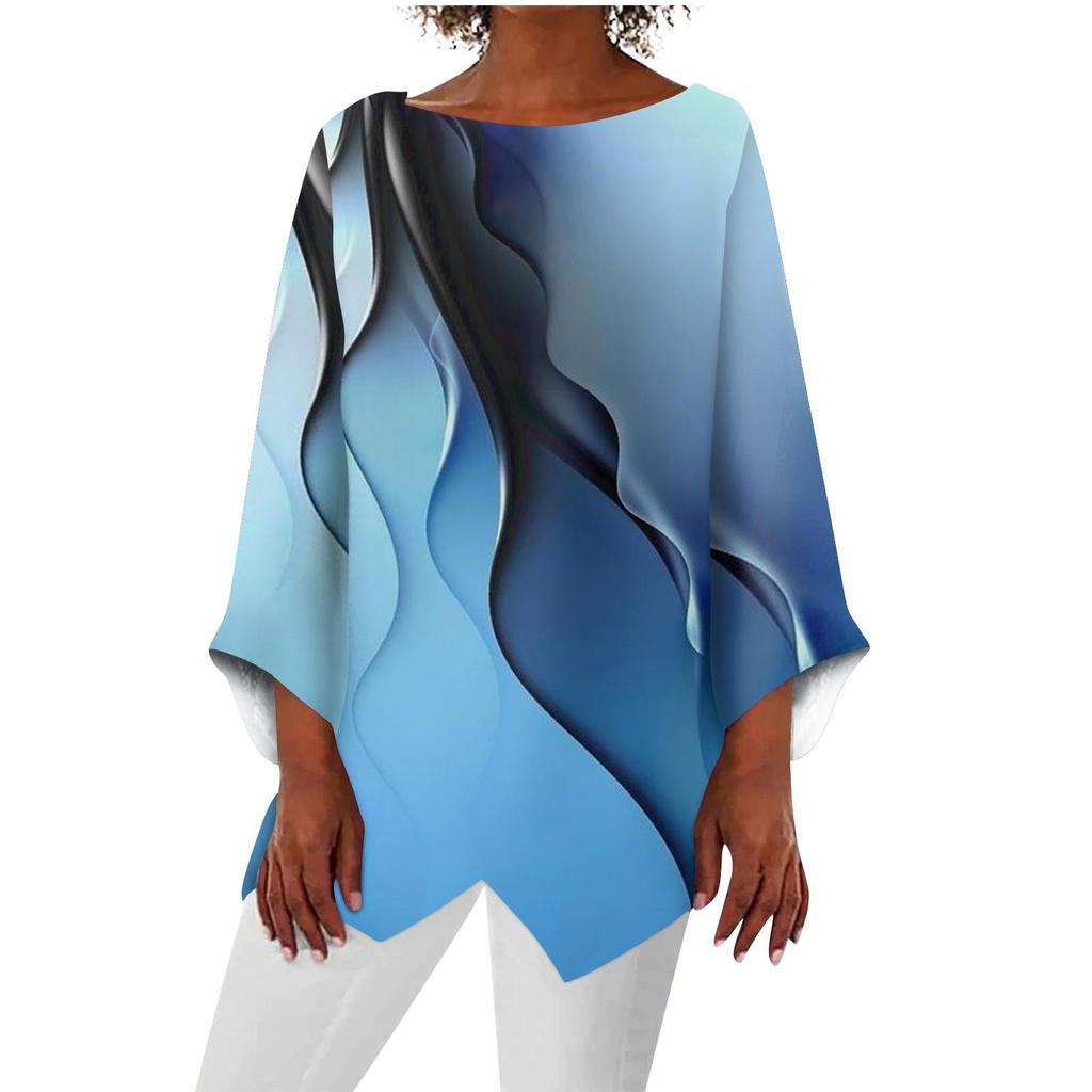 Women's Fashion Retro Print Gradual Colored Round Neck 9/4 Sleeve Irregular Hem T-shirt Top