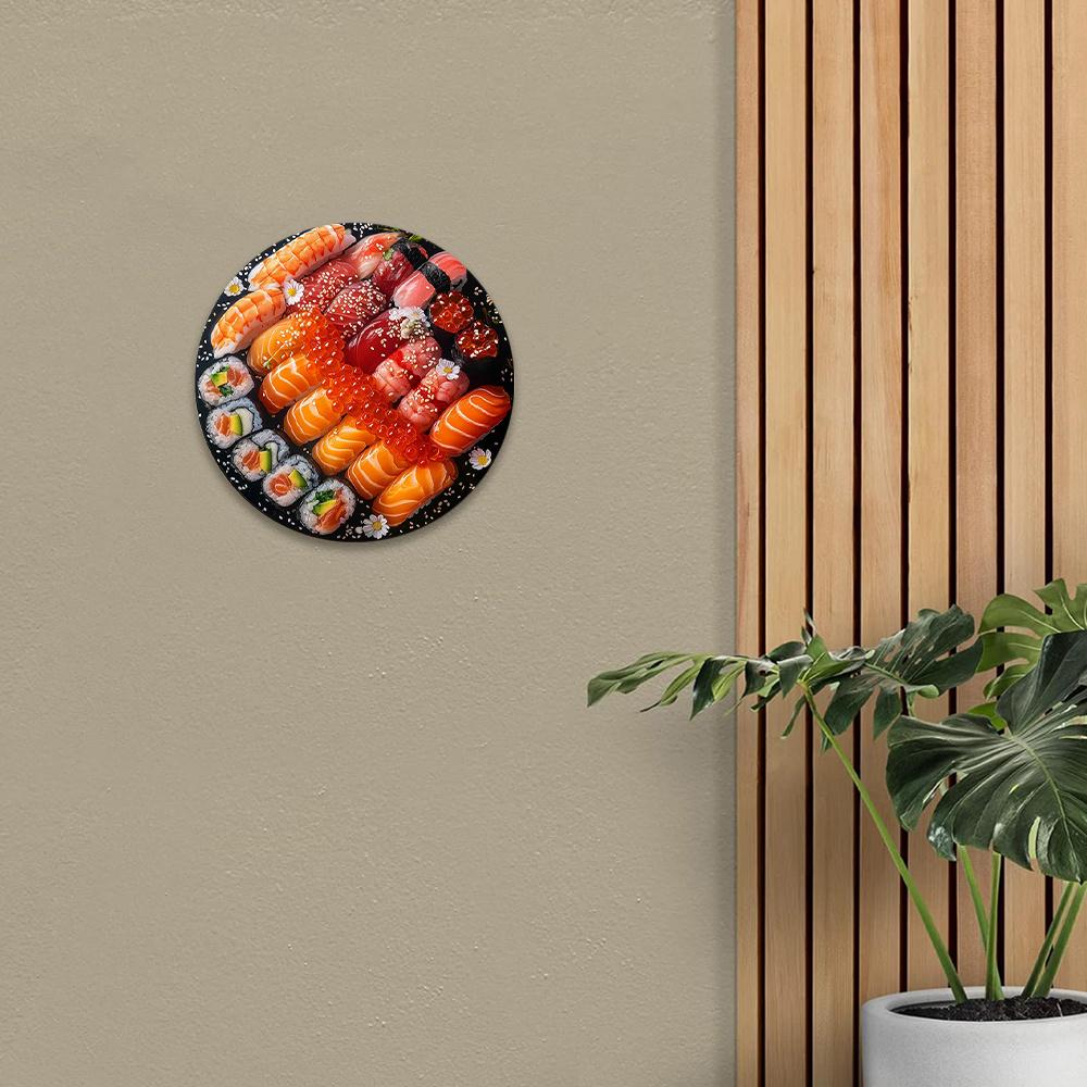 Aluminum Metal Sign Faux Resin Painting Round Decorative Sign Living Room Decoration Boys Gifts Japanese Sushi Themed Decoration