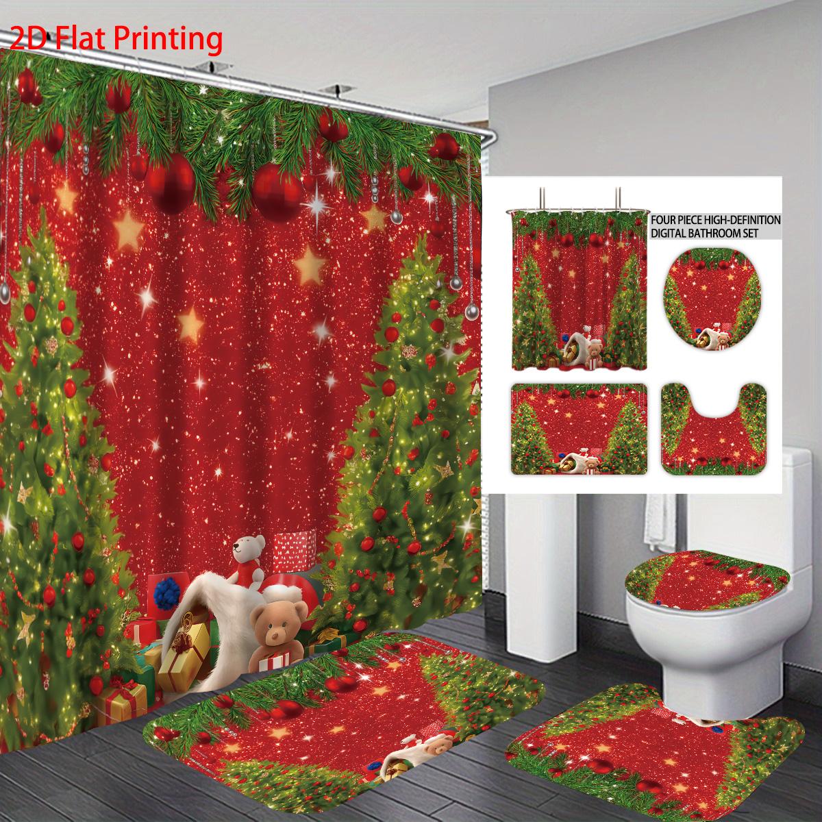 

4Pcs Merry Christmas Christmas Tree Printed Bathroom Set 180X180 Waterproof Shower Curtain, Floor Mat, U-Shaped Mat, Toilet Mat Regular
