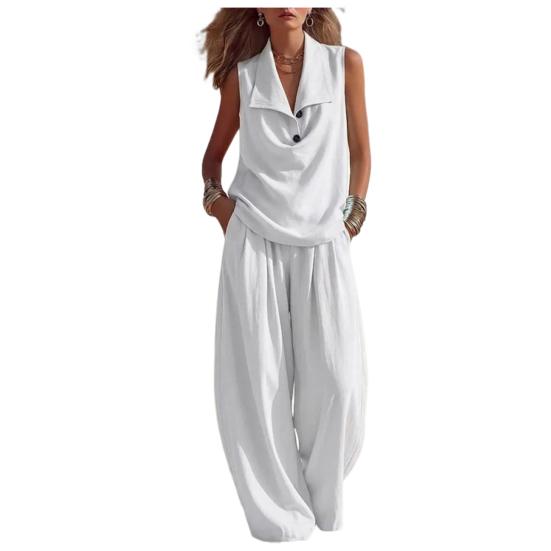 

Women s Summer Sleeveless 2 Piece Sets Button Up Lapel V Neck Top Wide Leg Pants Casual Vacation Outfits with Pockets M